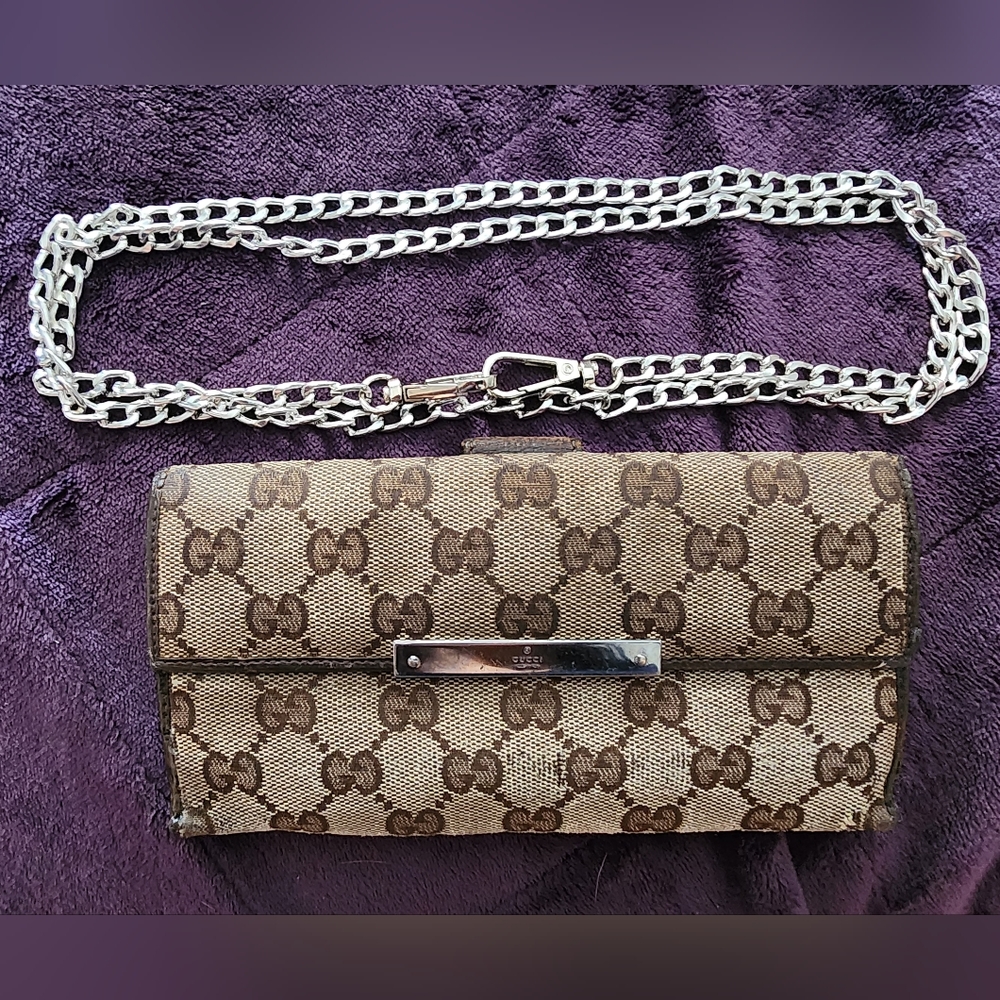 Gucci GG Monogram Womens Brown Canvas Long Bi-fold Wallet